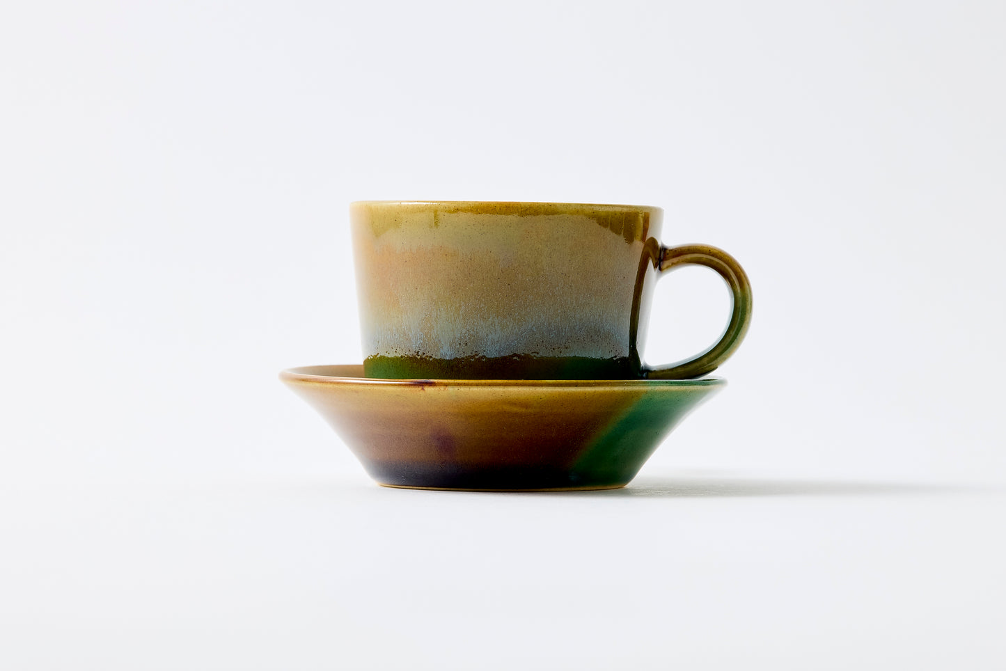 Oribe and Amber Split Glaze Cup & Saucer Hasami Porcelain