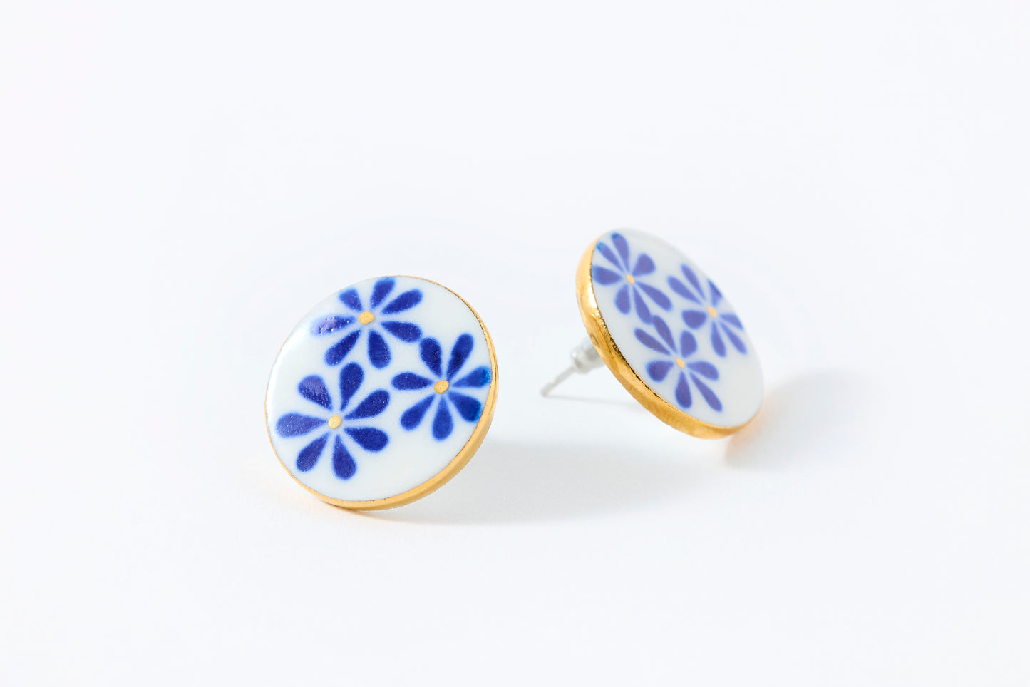 Hand-Painted Round Tile Indigo Flower Earrings
