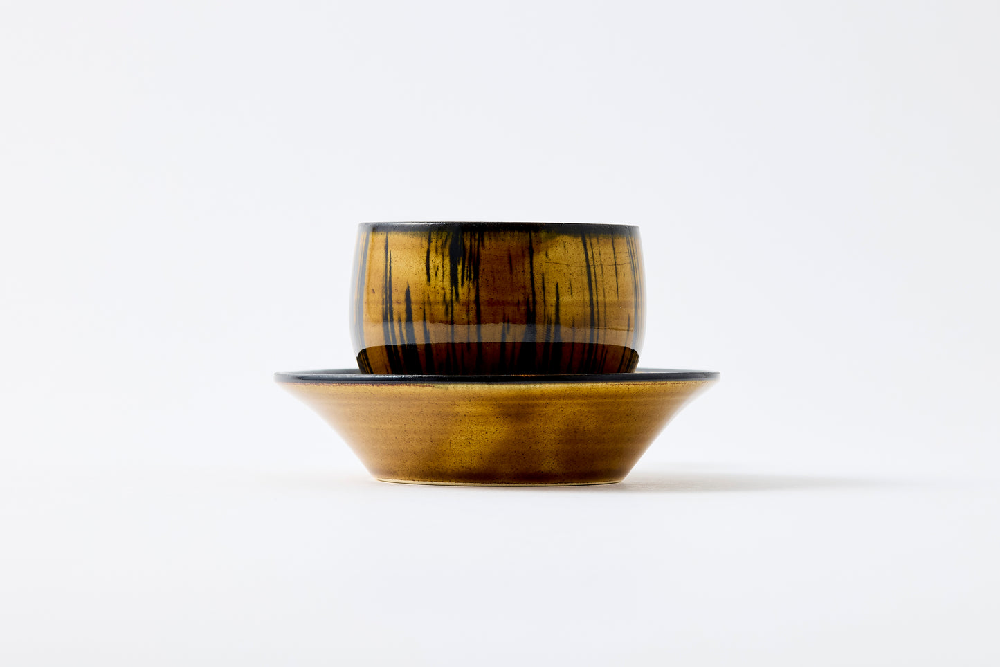 FD Striped Amber Glaze Sencha Teacup & Saucer Hasami Porcelain