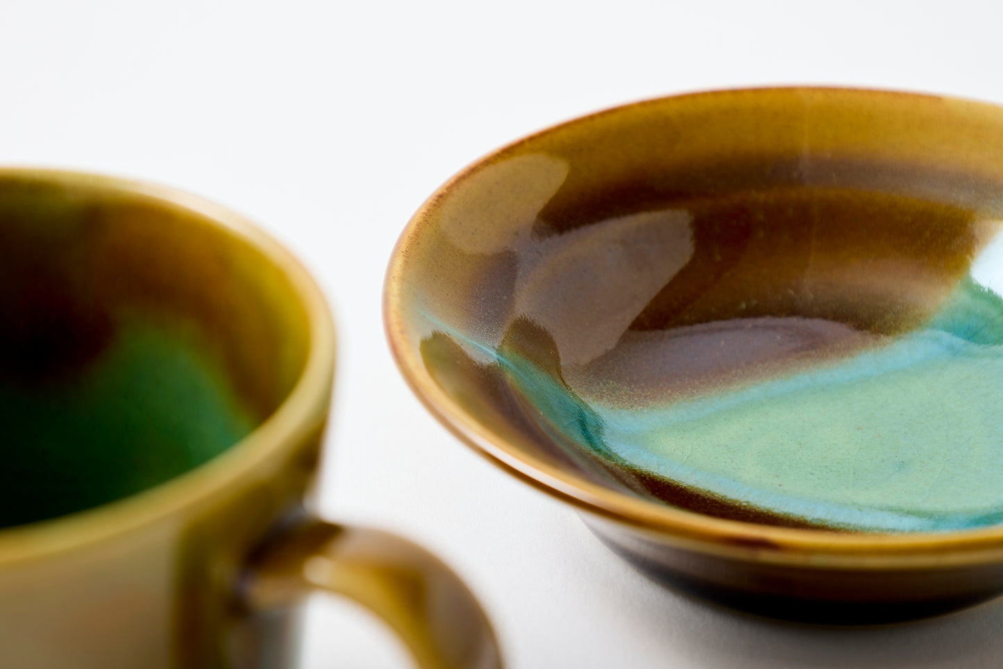 Oribe and Amber Split Glaze Cup & Saucer Hasami Porcelain