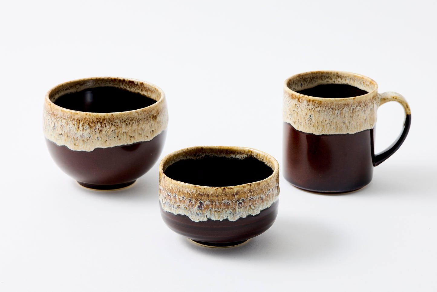 FD Amber Brown & White Karatsu Drip Nodate Matcha Bowl Hasami Porcelain