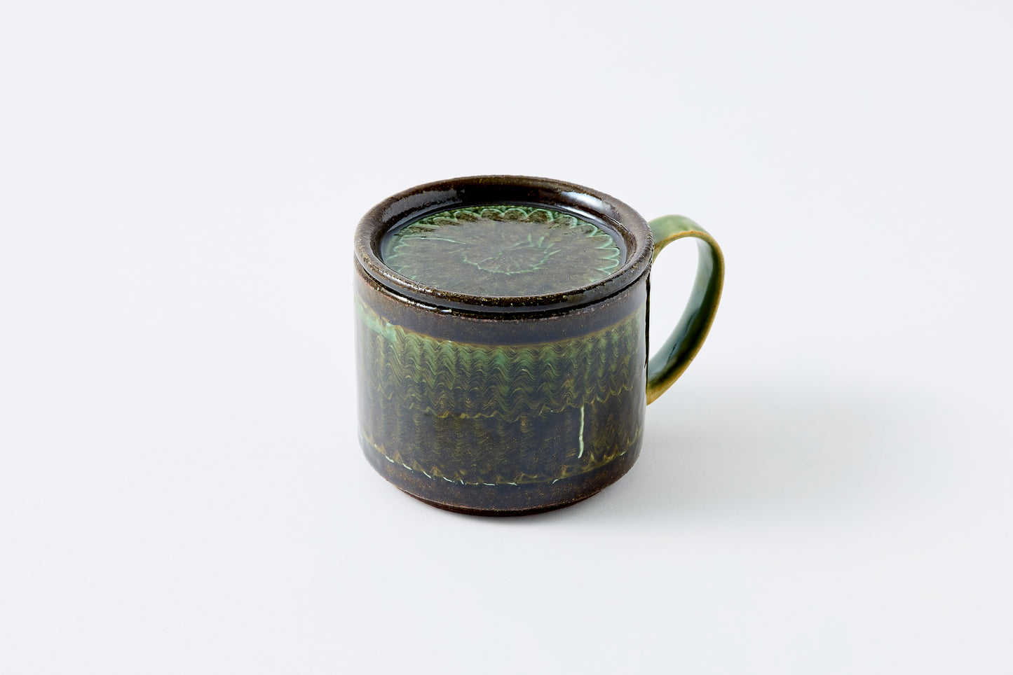 FD Green Glaze Bold Double Brush Stroke Lidded Mug Hasami Porcelain