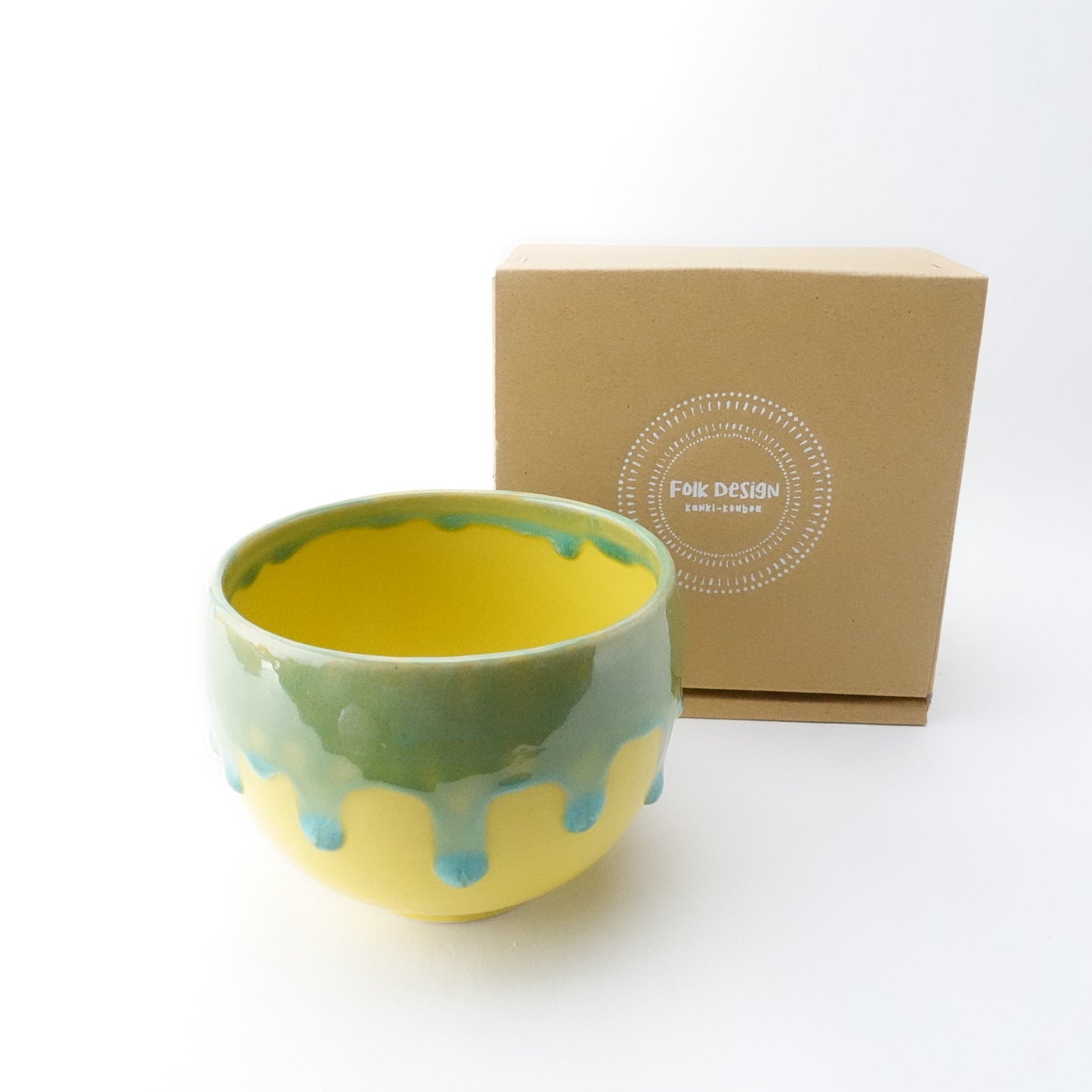 Green Rim Drip on Yellow Round Bowl Matcha Bowl Hasami Porcelain