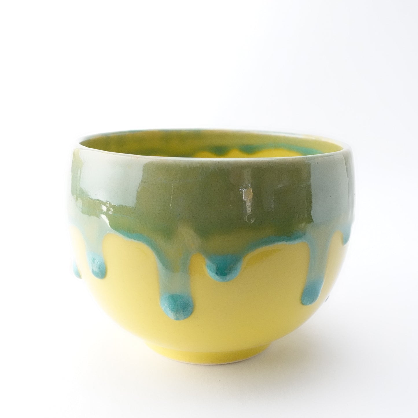 Green Rim Drip on Yellow Round Bowl Matcha Bowl Hasami Porcelain