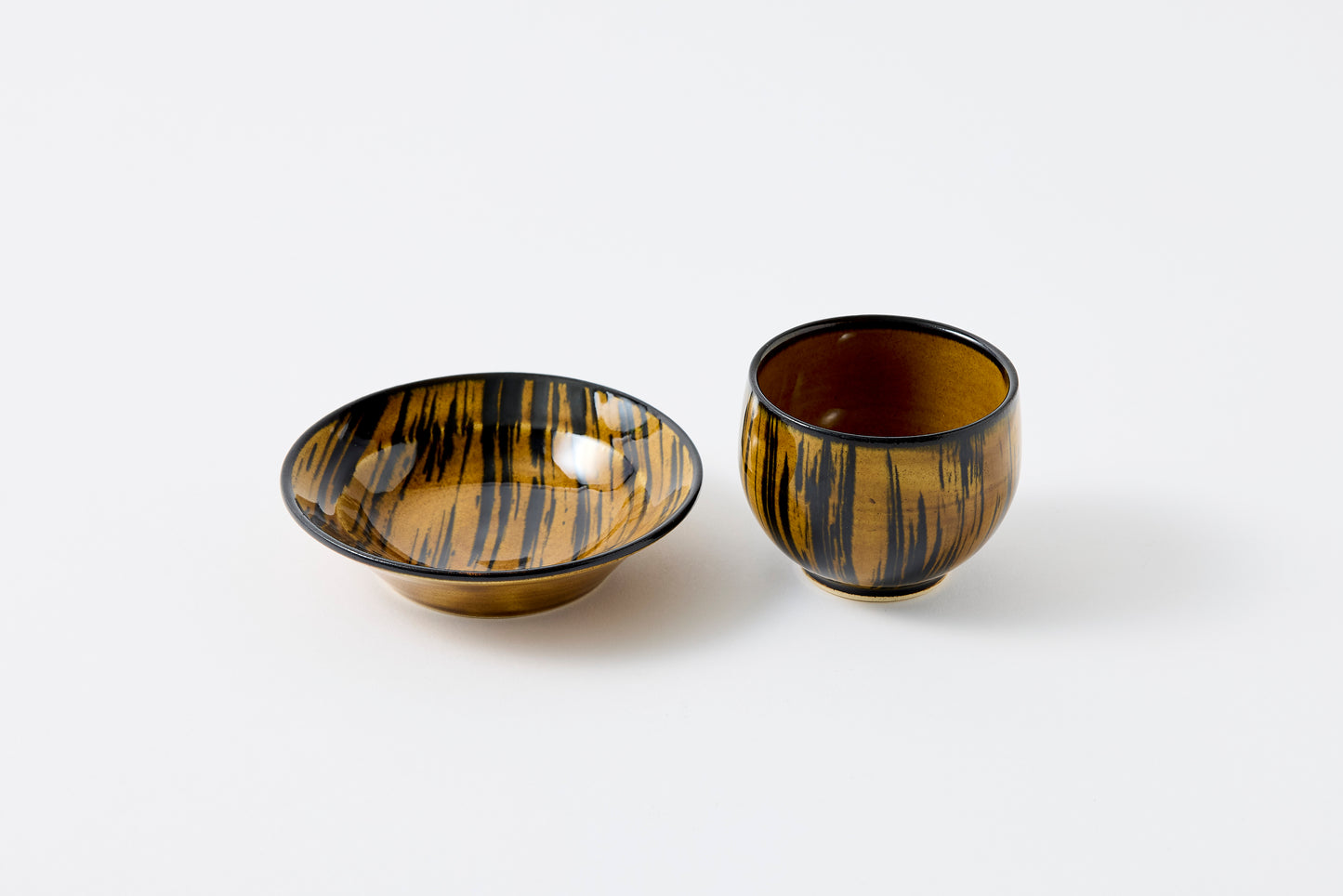 FD Striped Amber Glaze Sencha Teacup & Saucer Hasami Porcelain