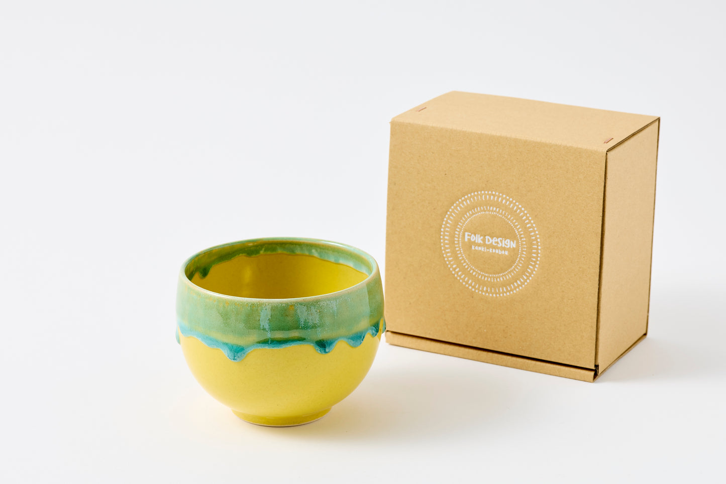 Green Rim Drip on Yellow Round Bowl Matcha Bowl Hasami Porcelain