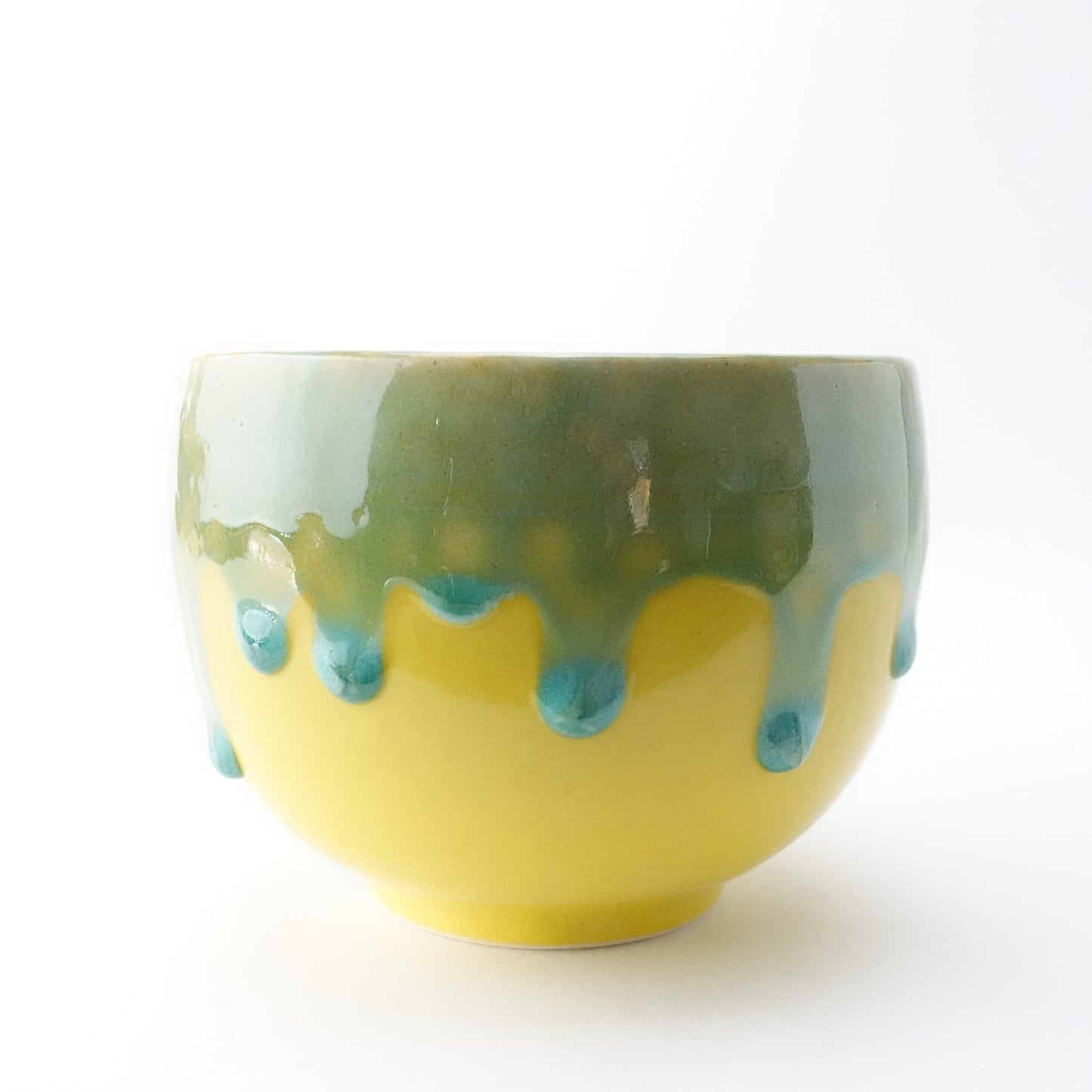 Green Rim Drip on Yellow Round Bowl Matcha Bowl Hasami Porcelain