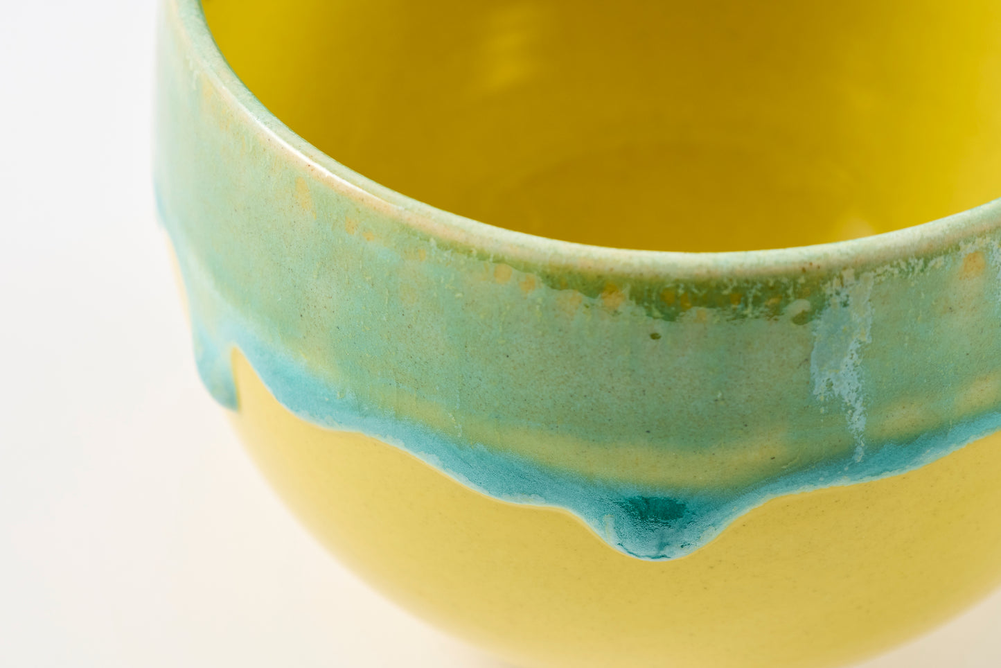 Green Rim Drip on Yellow Round Bowl Matcha Bowl Hasami Porcelain