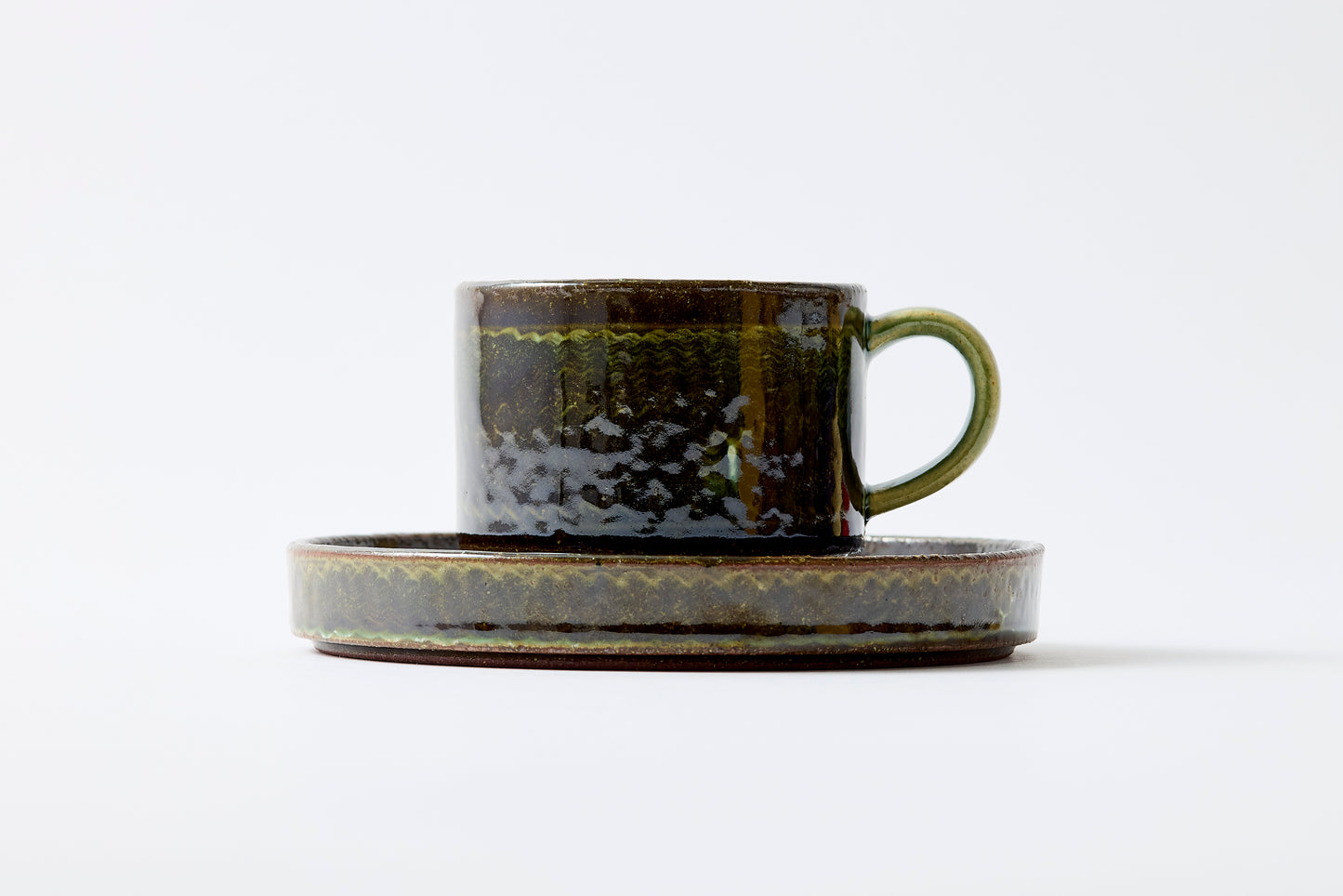 FD Green Glaze Bold Double Brush Stroke Coffee Cup & Saucer Hasami Porcelain