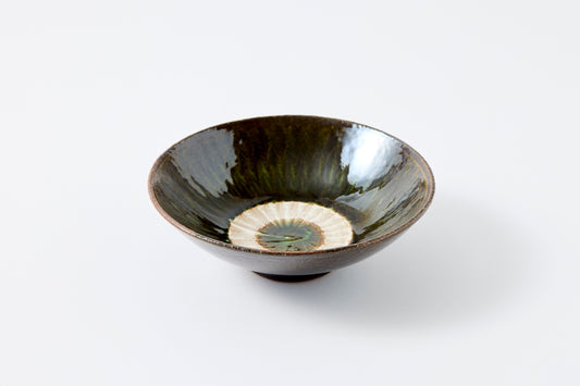 FD Green Glaze Bold Double Brush Stroke Mehagi 5.5-inch Flat Bowl Hasami Porcelain