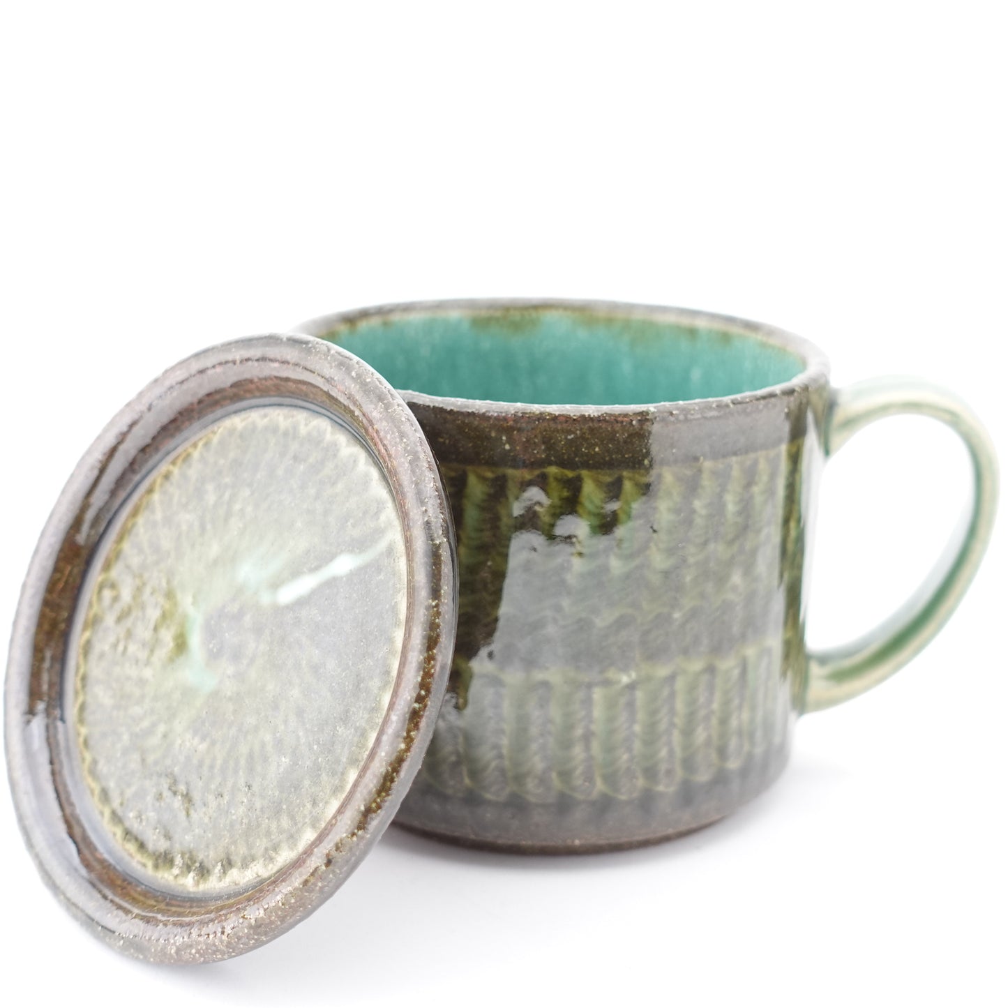 FD Green Glaze Bold Double Brush Stroke Lidded Mug Hasami Porcelain