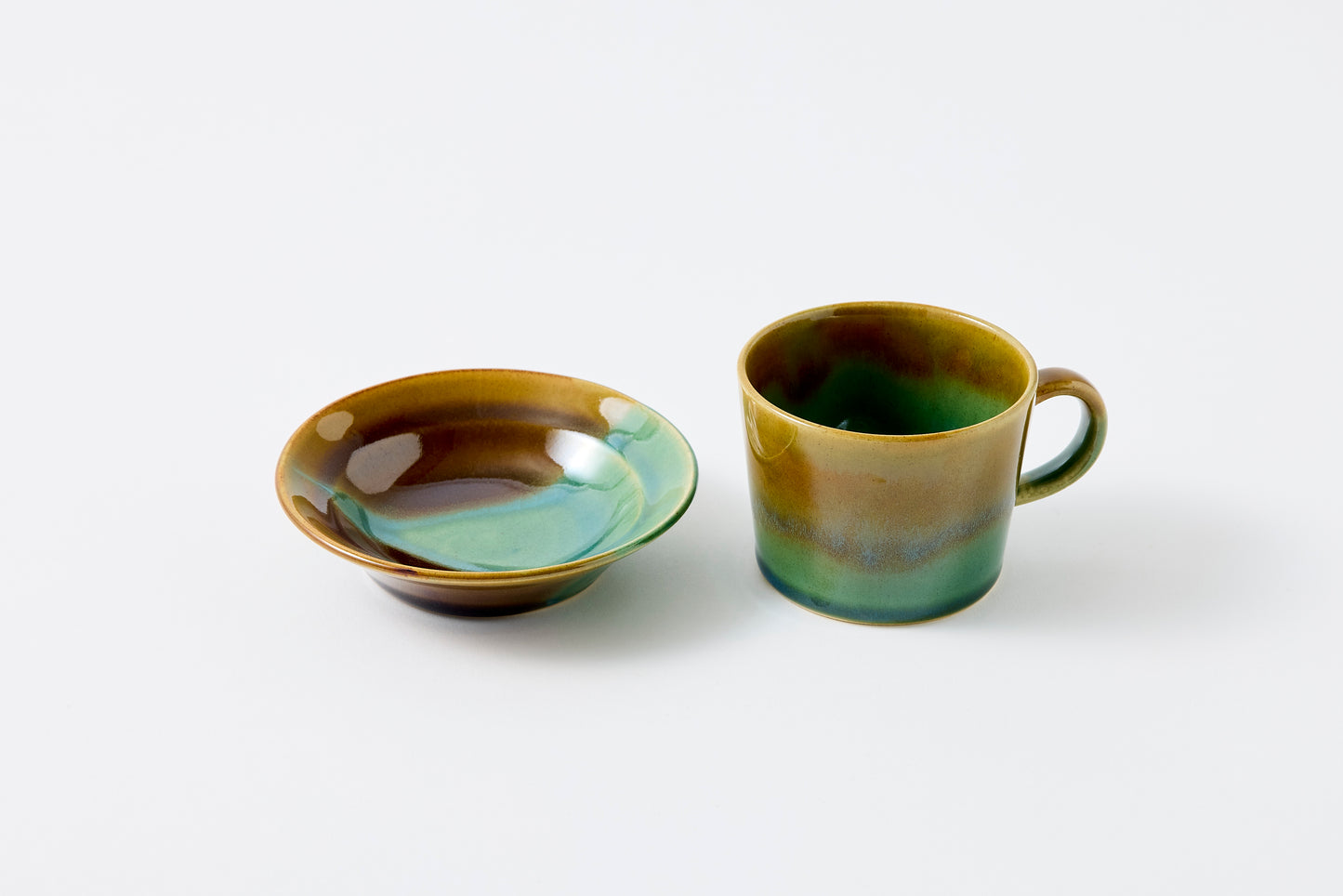 Oribe and Amber Split Glaze Cup & Saucer Hasami Porcelain