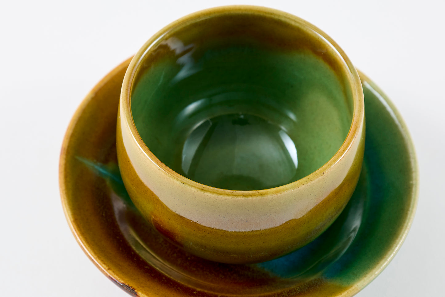 FD Amber Oribe Split Glaze Sencha Teacup & Saucer Hasami Porcelain