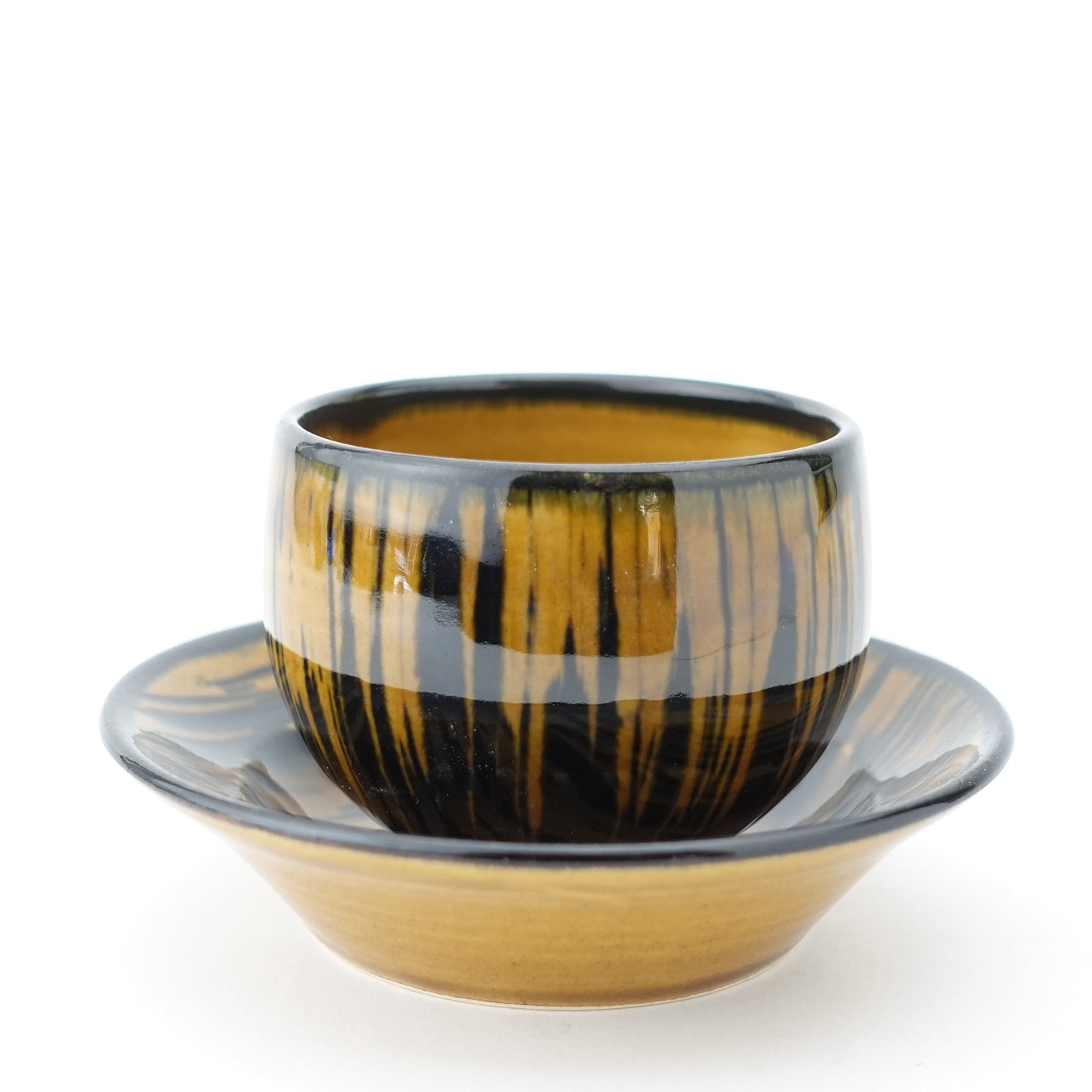 FD Striped Amber Glaze Sencha Teacup & Saucer Hasami Porcelain