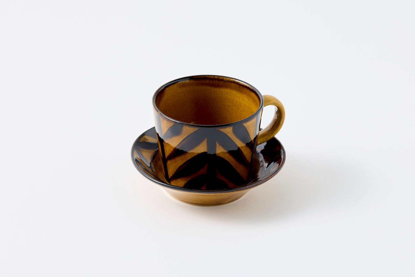 Arrow Feather Motif Amber Glaze Cup & Saucer Hasami Porcelain
