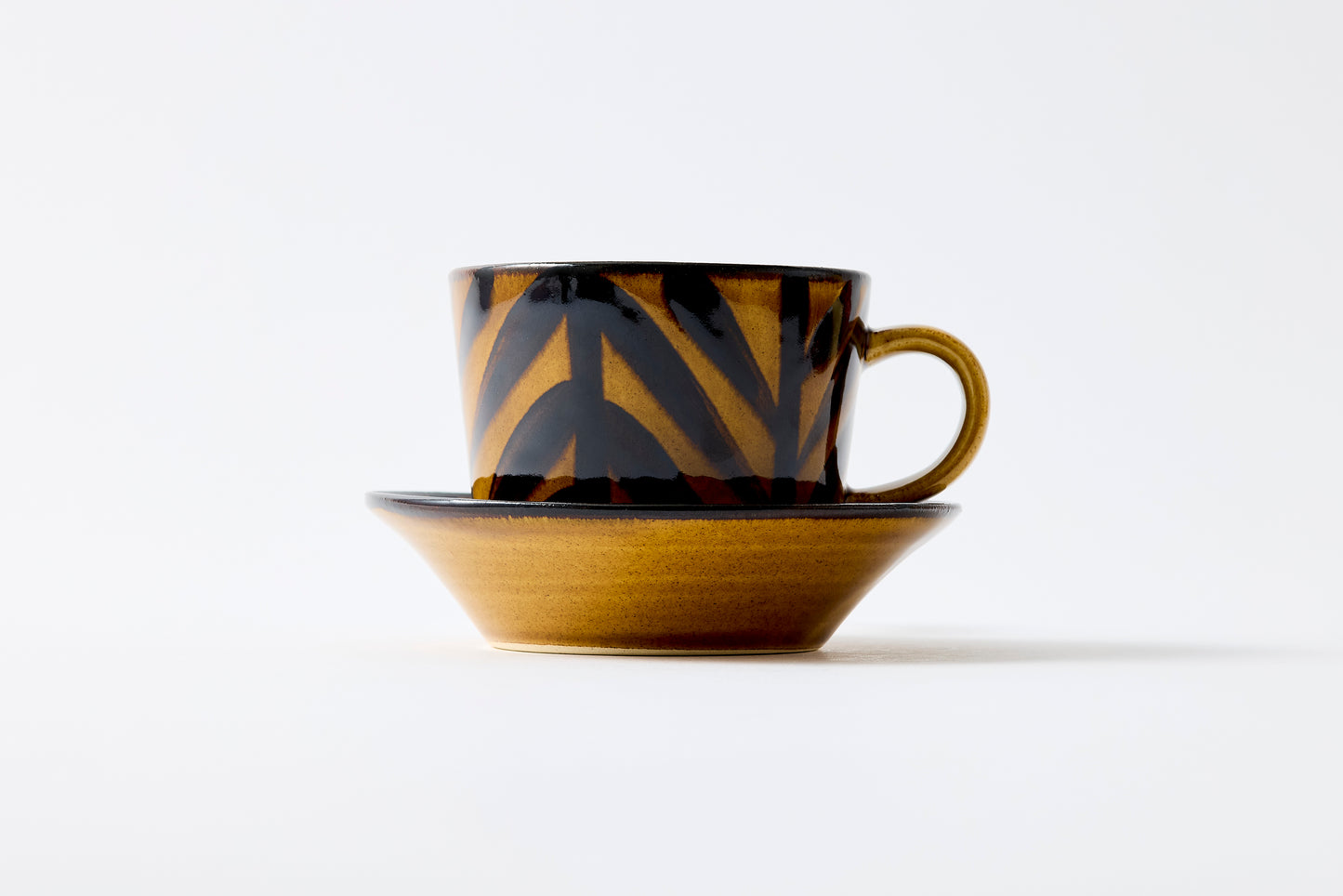 Arrow Feather Motif Amber Glaze Cup & Saucer Hasami Porcelain
