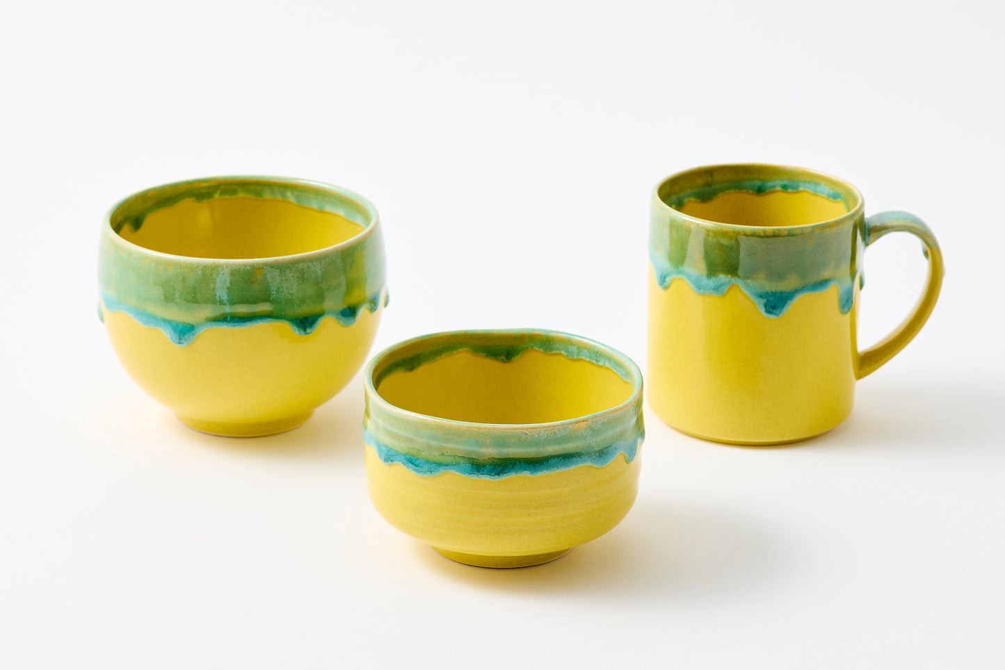 Green Rim Drip on Yellow Round Bowl Matcha Bowl Hasami Porcelain