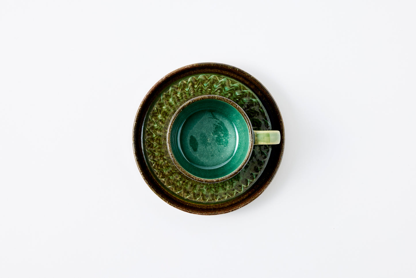 FD Green Glaze Bold Double Brush Stroke Coffee Cup & Saucer Hasami Porcelain