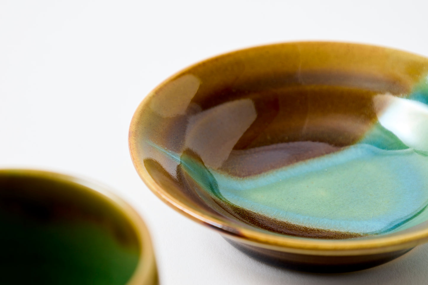 FD Amber Oribe Split Glaze Sencha Teacup & Saucer Hasami Porcelain