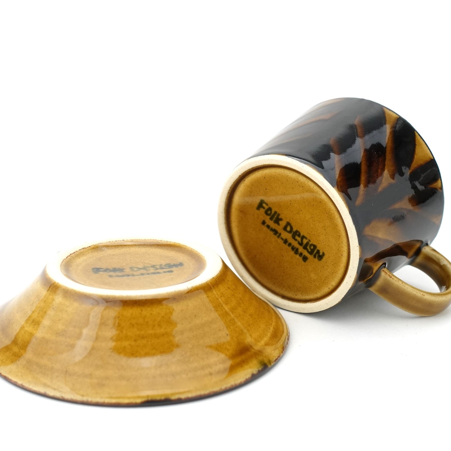Arrow Feather Motif Amber Glaze Cup & Saucer Hasami Porcelain