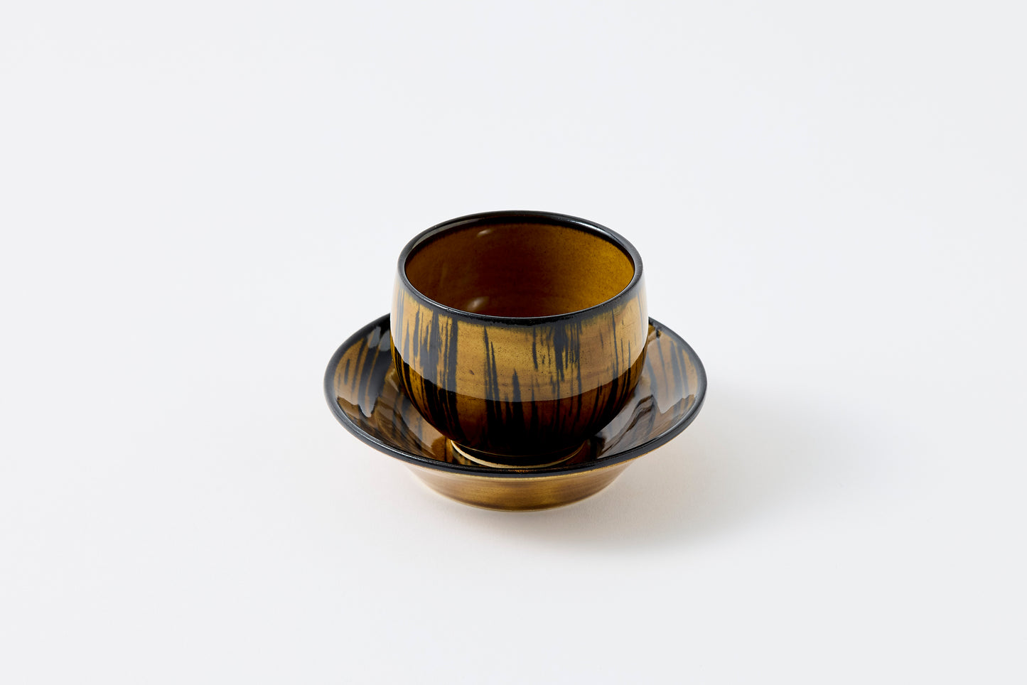 FD Striped Amber Glaze Sencha Teacup & Saucer Hasami Porcelain