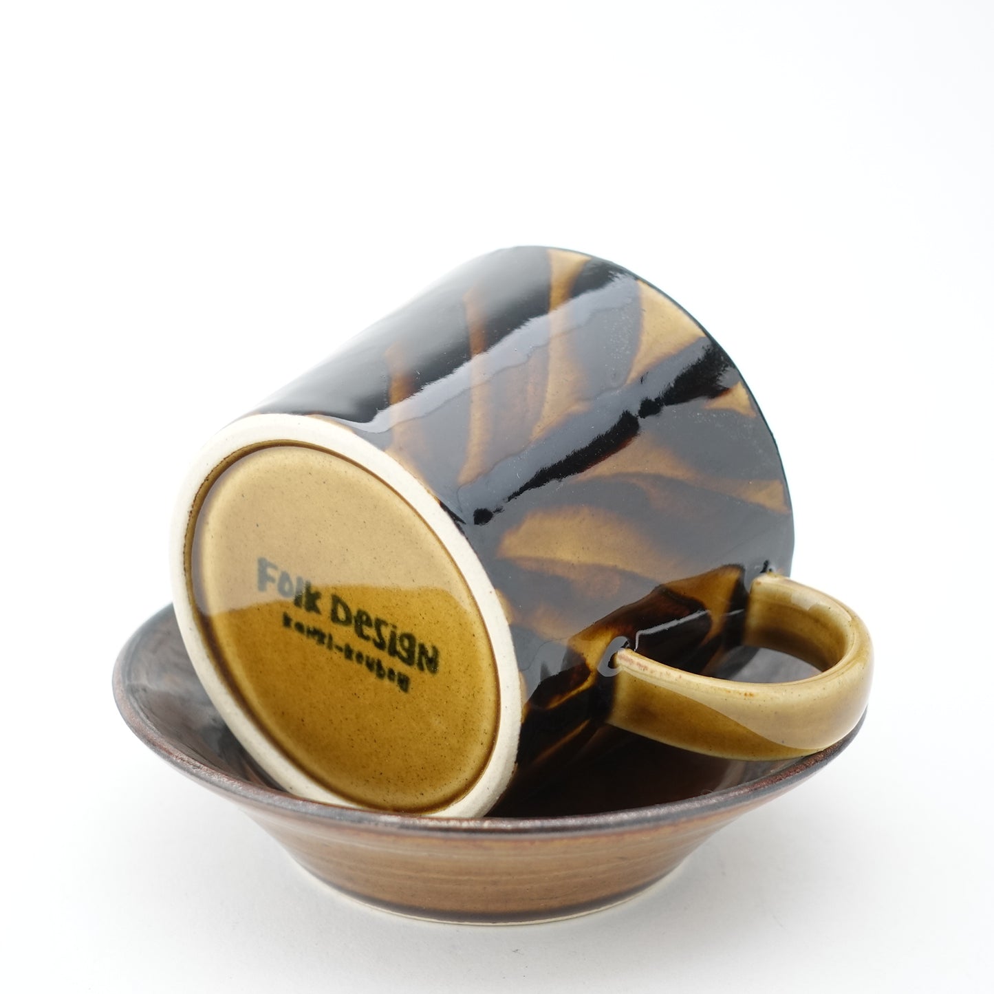Arrow Feather Motif Amber Glaze Cup & Saucer Hasami Porcelain