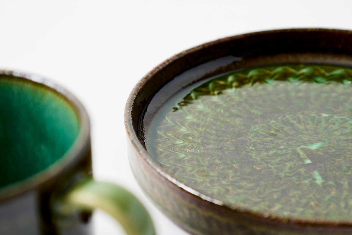 FD Green Glaze Bold Double Brush Stroke Coffee Cup & Saucer Hasami Porcelain