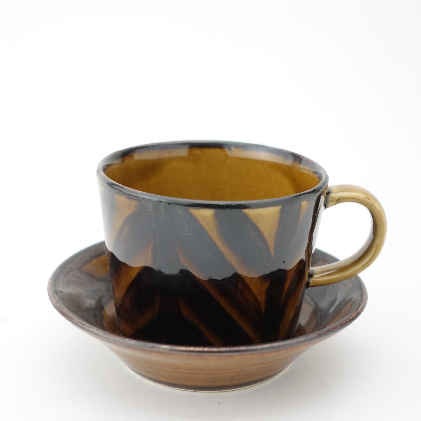 Arrow Feather Motif Amber Glaze Cup & Saucer Hasami Porcelain