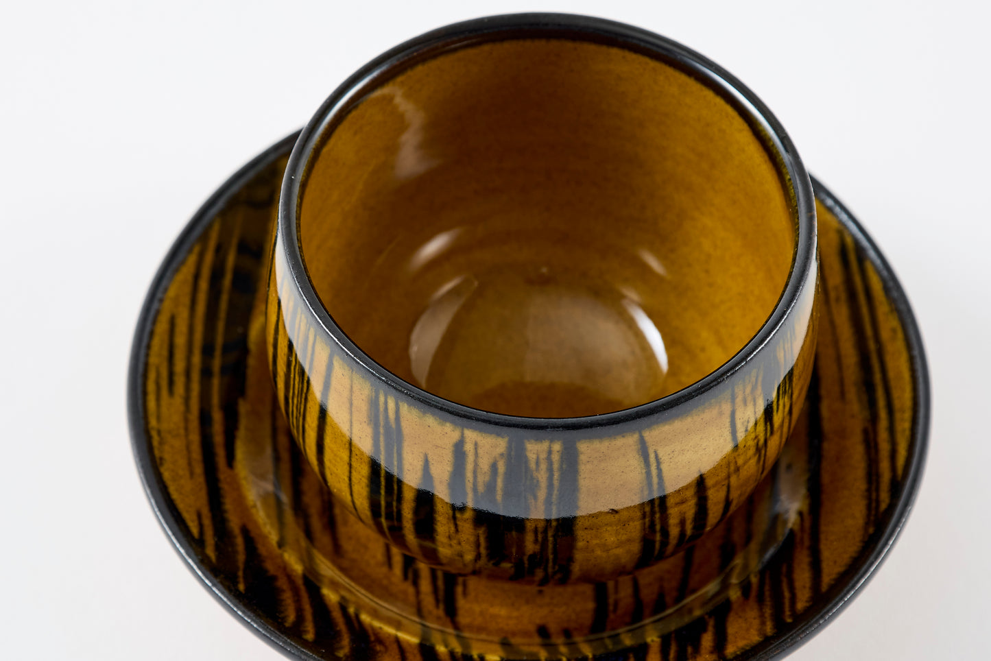 FD Striped Amber Glaze Sencha Teacup & Saucer Hasami Porcelain