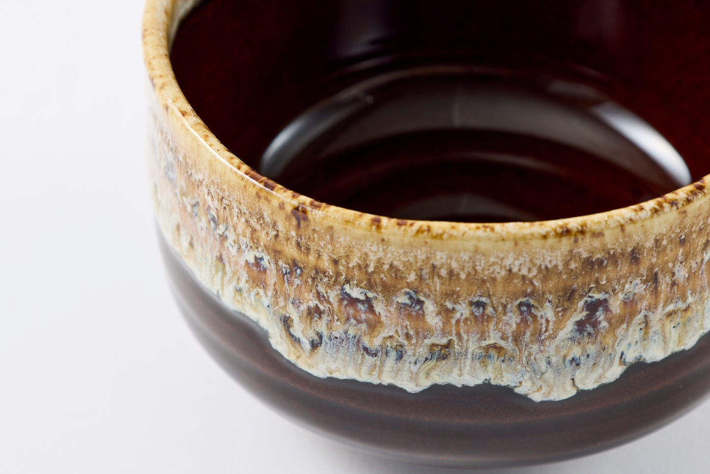FD Amber Brown & White Karatsu Drip Nodate Matcha Bowl Hasami Porcelain
