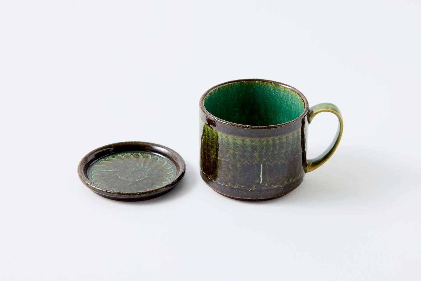 FD Green Glaze Bold Double Brush Stroke Lidded Mug Hasami Porcelain