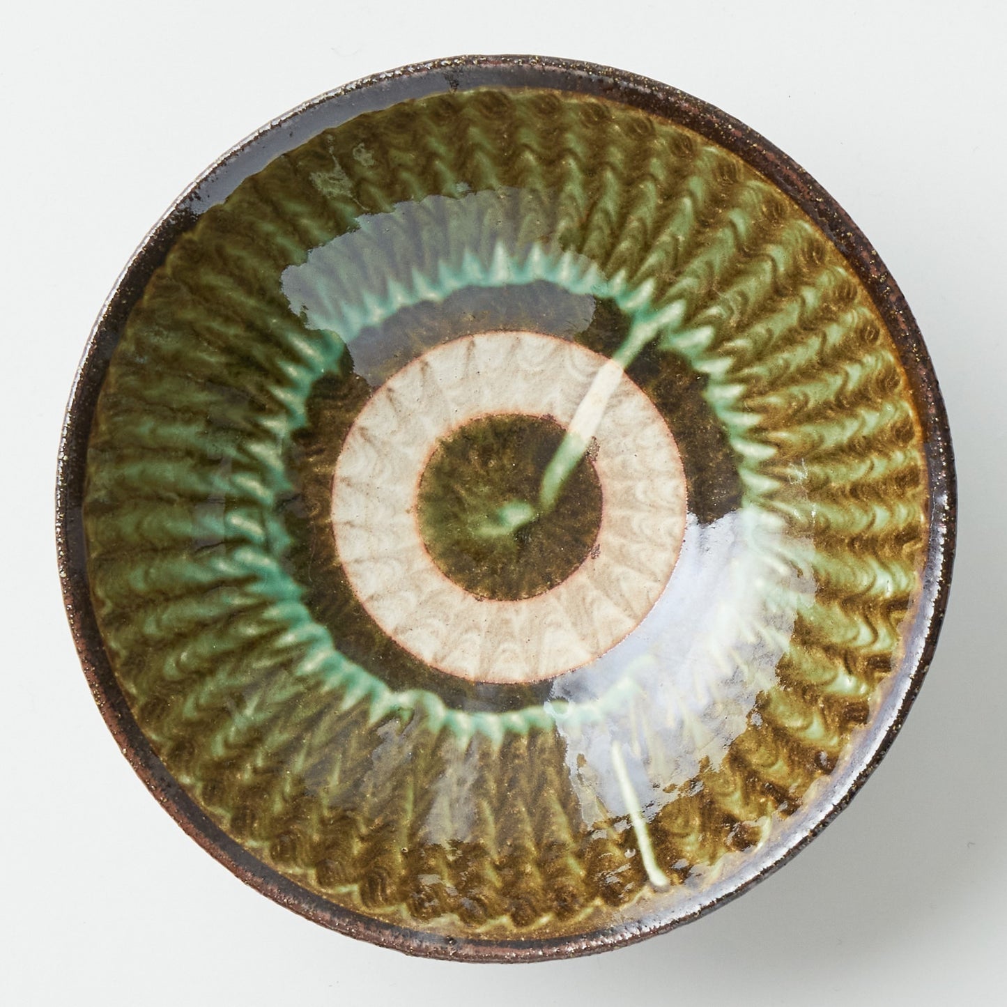 FD Green Glaze Bold Double Brush Stroke Mehagi 5.5-inch Flat Bowl Hasami Porcelain