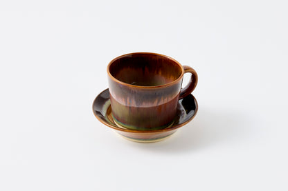 Rust Rim and Amber Glaze Cup & Saucer Hasami Porcelain