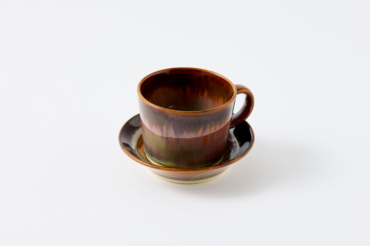 Rust Rim and Amber Glaze Cup & Saucer Hasami Porcelain
