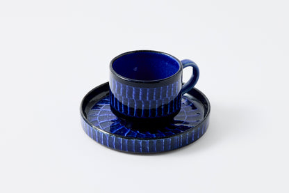 FD Blue Glaze Brush Stroke Coffee Cup & Saucer Hasami Porcelain