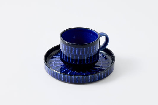 FD Blue Glaze Brush Stroke Coffee Cup & Saucer Hasami Porcelain