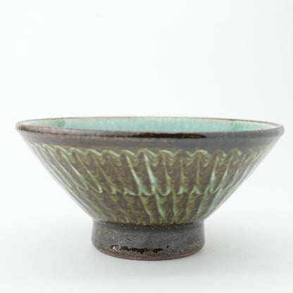FD Green Glaze Bold Double Brush Stroke Rice Bowl Hasami Porcelain