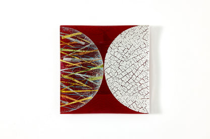 Water Surface Moon – Square Plate with Genuine Silver Crackle and Burnished Foil – Burgundy, 15cm
