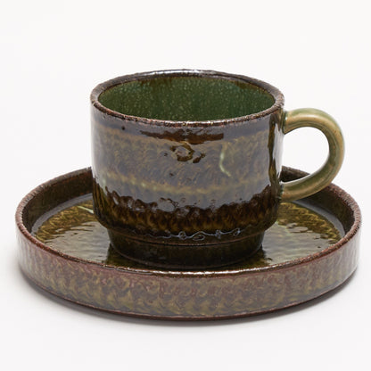 FD Green Glaze Bold Double Brush Stroke Coffee Cup & Saucer Hasami Porcelain