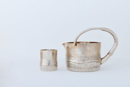 Pure Silver Bamboo-Style Sake Pitcher and Cup Set