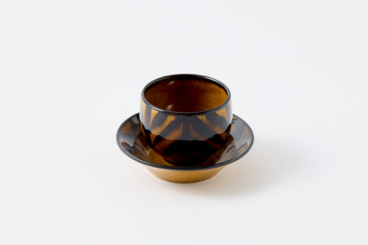 FD Arrow Feather Motif Amber Glaze Sencha Teacup & Saucer Hasami Porcelain