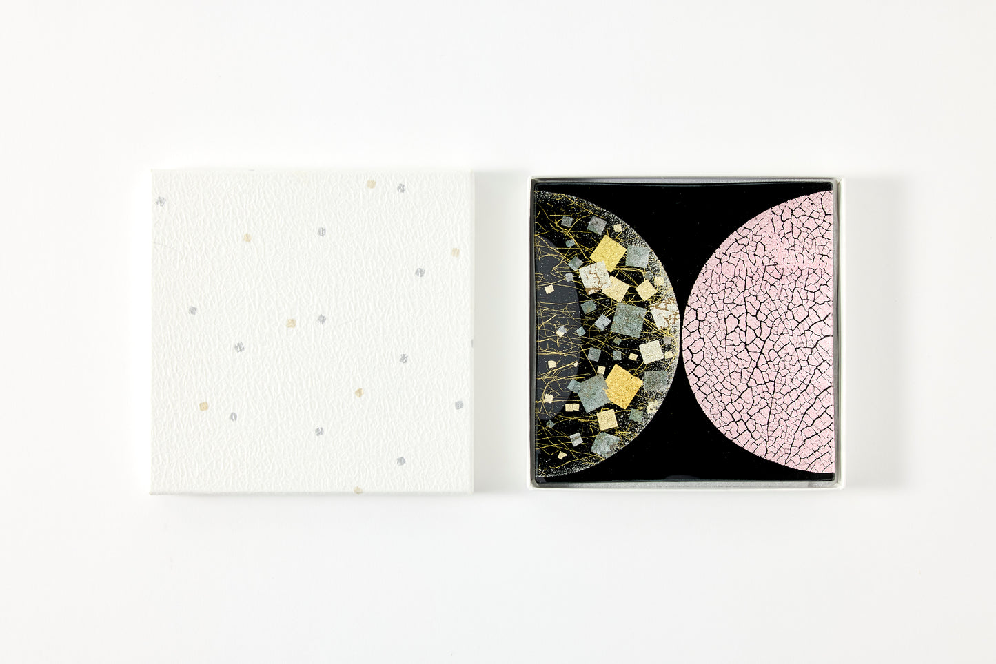 Water Surface Moon – Square Plate with Pale Pink & Pebbled Silver Foil, Burnished Gold Leaf – Black