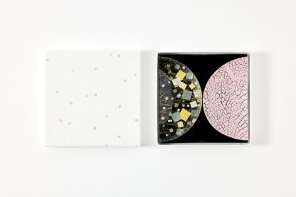 Water Surface Moon – Square Plate with Pale Pink & Pebbled Silver Foil, Burnished Gold Leaf – Black