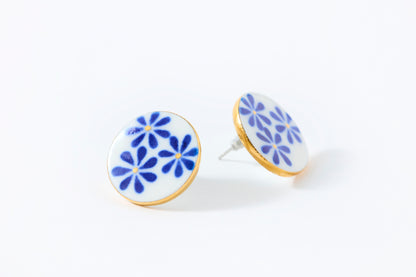 Hand-Painted Round Tile Indigo Flower Earrings