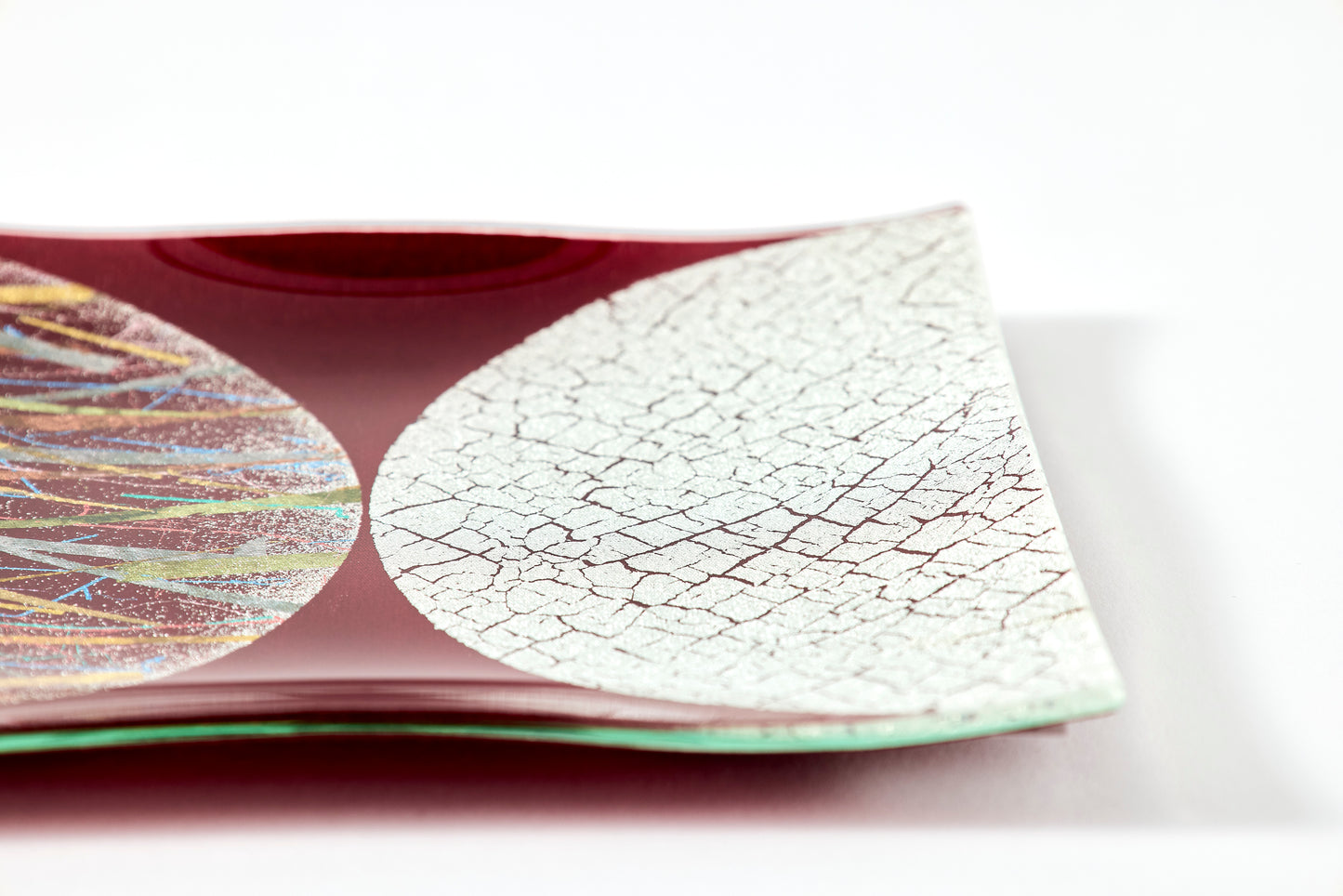 Water Surface Moon – Square Plate with Genuine Silver Crackle and Burnished Foil – Burgundy, 15cm