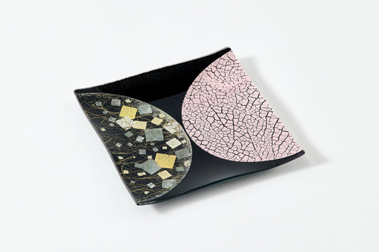 Water Surface Moon – Square Plate with Pale Pink & Pebbled Silver Foil, Burnished Gold Leaf – Black