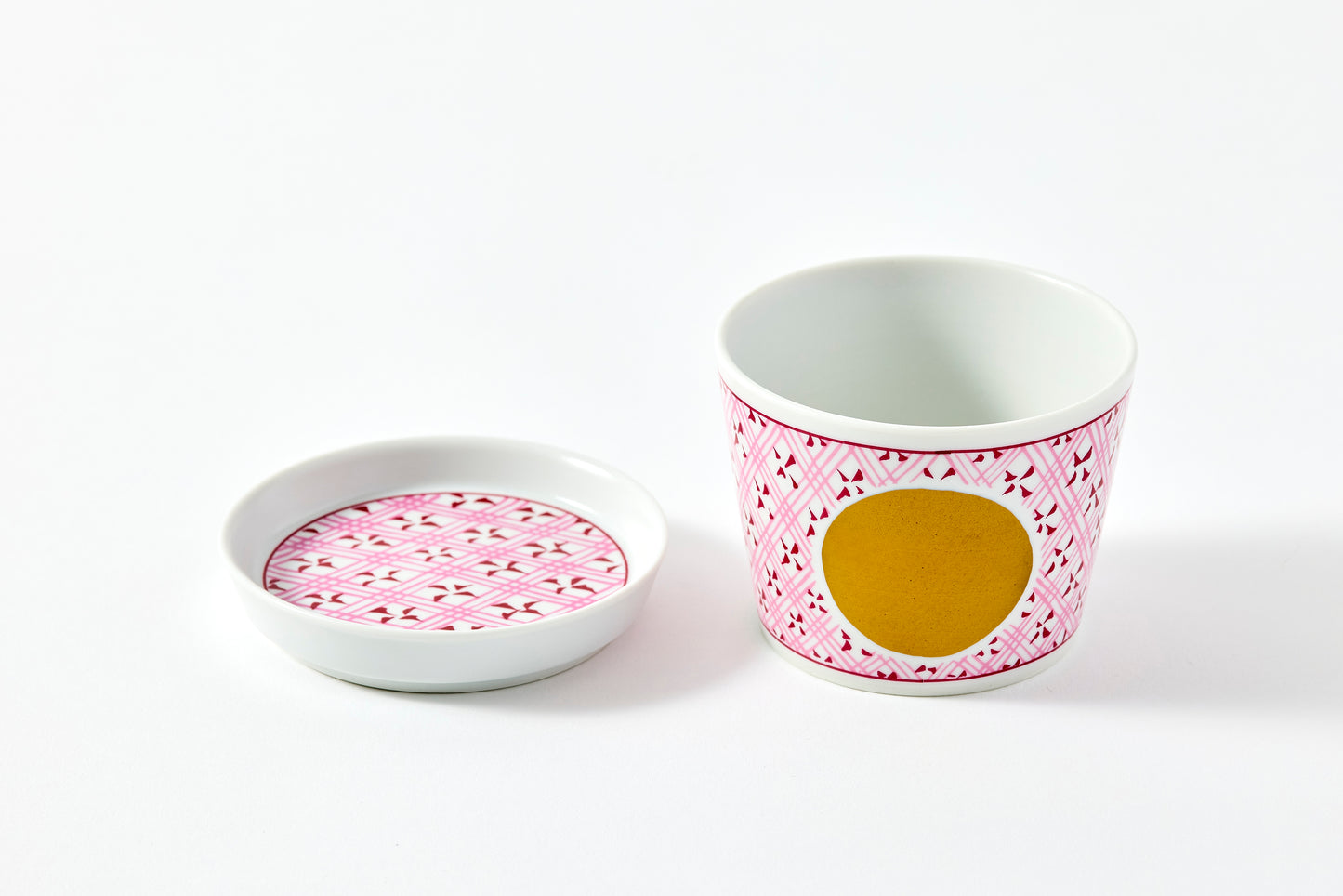 Soba Choko & Condiment Plate Set - JA Checkered Circle Pattern Wine Red