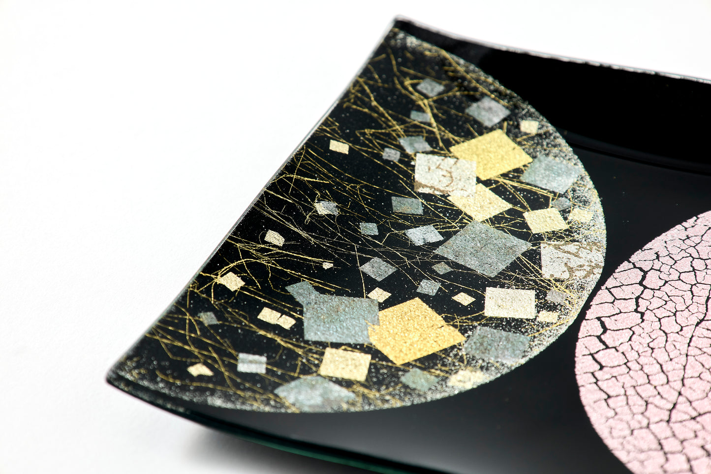 Water Surface Moon – Square Plate with Pale Pink & Pebbled Silver Foil, Burnished Gold Leaf – Black