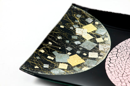 Water Surface Moon – Square Plate with Pale Pink & Pebbled Silver Foil, Burnished Gold Leaf – Black
