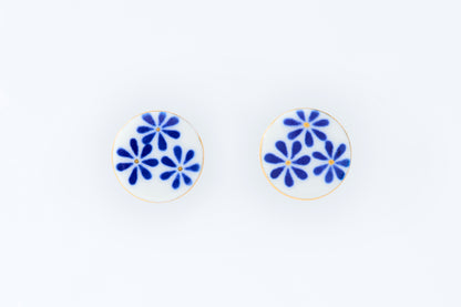 Hand-Painted Round Tile Indigo Flower Earrings